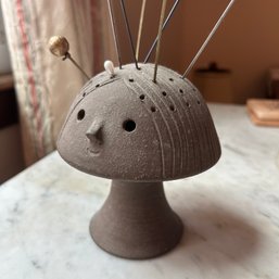 Carved Stone Mushroom Vase With Vintage Victorian Hat Pins (LRoom)