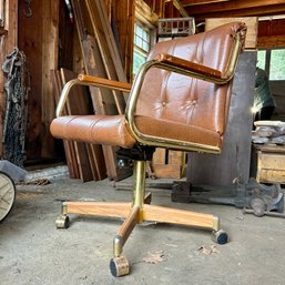 Gorgeous Vintage CHROMECRAFT FURNITURE Brown Vinyl Office Chair With Brass Tone Arms - 1990