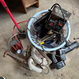 Garage/Tool Lot Including Mini Air Compressor, Rachet Tie Downs, Spark Plugs, Soldering Gun, And More