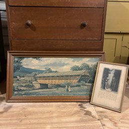 Pair Of Vintage Art Pieces, Covered Bridge Print On Hardboard & Framed Trees (attic)