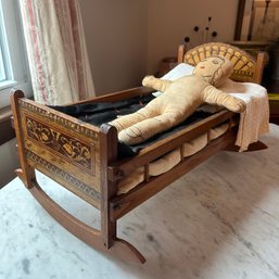 Vintage Handmade Cloth Doll With Vintage Possibly Antique Wooden Cradle And Bedding (LRoom)