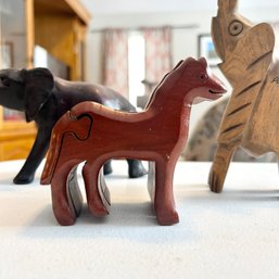 Trio Of Wooden Carved Animal Figurines, Including Horse Puzzle (LR)