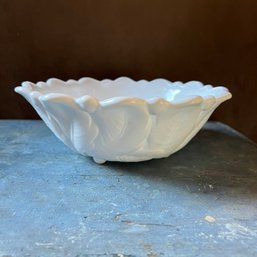 Vintage White Glass Bowl With Textured Leaf Design (DL)