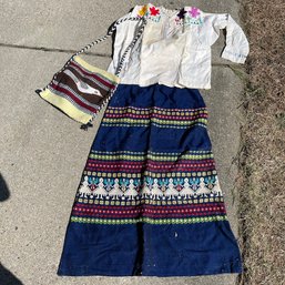 Vintage Mexican Skirt, Embroidered Top, And Purse