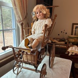 Gorgeous Antique German Karl Hartmann Bisque Doll, With Stunning Wicker Carriage &  Antique Linens (LRoom)