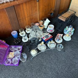 Large Lot Of Glass Votive Holders, White Floral Rings For Votives, & Other Cute Candle Accessories (BR)