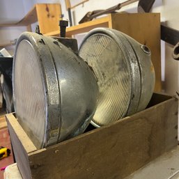 Pair Of Vintage Tiltray Headlamps In Wooden Box (Basement 1)