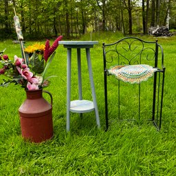 Small Table, Metal Rack And Tin With Faux Florals (basement)