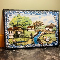 Charming Portugal Village Depicted On 6 Painted Tiles (small Crack As Noted) (Kitchen)