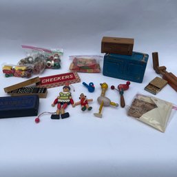 Mixed Lot Of Vintage Wooden Toys, Checkers, Clown, Animals, Puzzle Boxes, Wood Rings, Etc (NK)