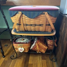 Longaberger Stand With Wooden Top Plus Large Picnic Basket Filled With Liners And Other Baskets (LR)