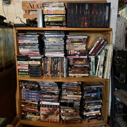 Huge Lot Of DVDs And VHS, With Shelf (BSMTRear)