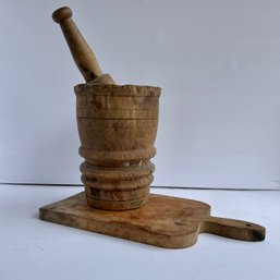 Antique Wooden Mortar & Pestle With Cutting Board