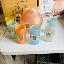 Vintage Colored Glass Pitcher And Cup Set (Basement)