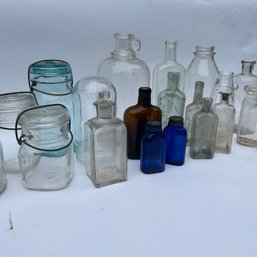Mixed Lot Of Vintage Glass Bottles, Mason Jars, Jug, Colored Glass, Cobalt Blue Bottles, Etc (NK)