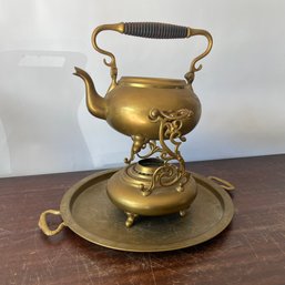 Antique S & Co Trademark Brass Tea Kettle And Warmer With Tray (NH)