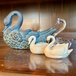 A Bevy Of Swans! Four Decorative Swans Inc Lenox Swan Figurine, Glass Swan Paperweight, Painted Clay Swan (DR)