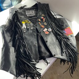 Women's Fringe Leather Biker Vest With Patches And Pins, Size XL (EF)