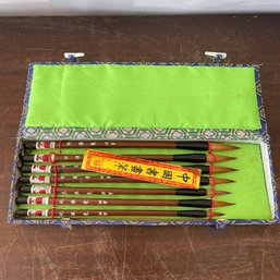 Vintage Set Of Seven Chinese Calligraphy Brushes In Case (NH)