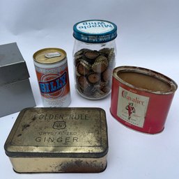 Mixed Lot Of Vintage Metal Collectibles, Cigarettes Tin, Billy Beer Can, Miracle Whip Jar W Bottle Caps NK