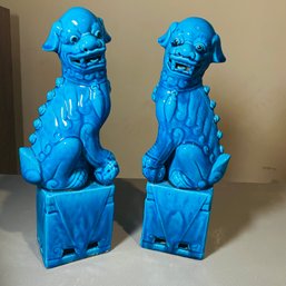 Pair Of 2 Glossy Ceramic Turquoise Foo Dog Figurines (BSMT Back Right)