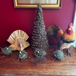 Decorative Fowl Lot With Rooster, Turkey, Feather Tree And 4 Tealight Holder Nest (DR)