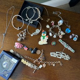 Assorted Costume Jewelry Lot In Vintage Jewelry Box, Incl. Alex & Ani (HW6)