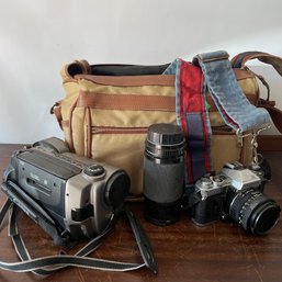 Vintage Camera, Lens, Camcorder ,And Case (NH)