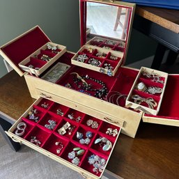 Large Vintage Costume Jewelry Lot In Vintage Tiered Jewelry Box (HW7)