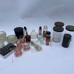 Mixed Lot Of Vintage Glass Collectibles, Mini Bottles, Pink Mini Mugs, Mini Amber Vials, Juice Cups, Etc (NK)