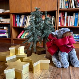 Christmas Decor Lot: Faux Tree, Stuffed Dog, Star Nesting Boxes (LR)