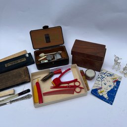 Mixed Lot Of Vintage Beauty Supplies, Office Supplies, Lighters, Wooden Boxes With Contents, Etc (NK)