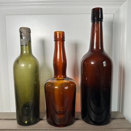 Trio Of Vintage Amber And Green Liquor Bottles (HW)