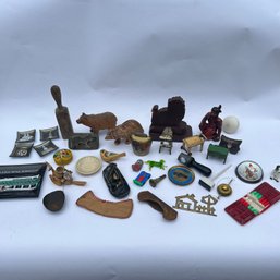 Mixed Lot Of Vintage Collectibles, Wooden Bears, Glass Trays, Metal Figurines, Leather Canoes, Etc (NK)