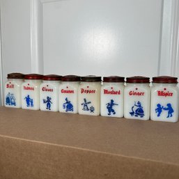 Set Of 8 Vintage Milk Glass Painted Spice Jars (HW)