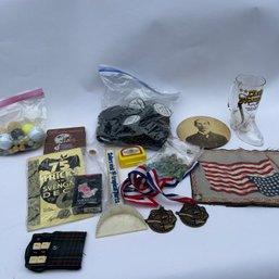 Mixed Lot Of Vintage Novelty Collectibles, Marbles, Medals, Pocket Puzzle, Flags,beads, Magic Tricks, Etc (NK)