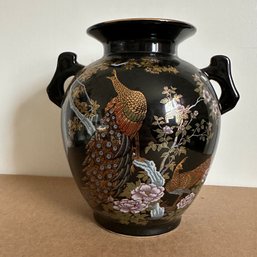 Japanese Black Peacock Floral Handled Vase (HW)