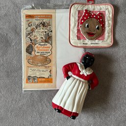 Misc Aunt Jemima Lot With Ceramic Coin Bank, Advertisement, And Pot Holder (B1) (MB18)