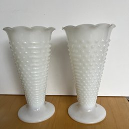 Pair Of White Hobmail Milk Glass Vases (EF)