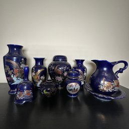 Large Lot Vintage Blue Japanese Porcelain Including Bell, Vases, Pitcher, & More (HW)