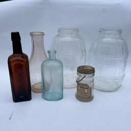 Small Mixed Lot Of Vintage Jars, Colored Glass Bottles, 2 Large Clear Glass Jars (NK)