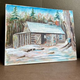 Unframed Canvas Painting, Cabin In Woods