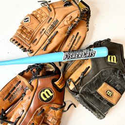 Trio Of Baseball Gloves With FISHER CATS Mini Baseball Bat (LR)