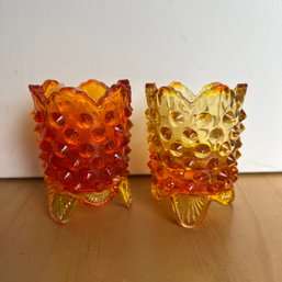 Vintage Pair Of Orange/yellow Glass Hobnail Tealight Candle Holders (EF)