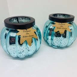 Pair Of New Light Blue Iridescent Speckled Glass Candle Holders With Votive Candles (SA123)