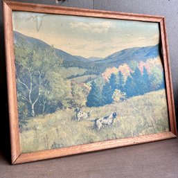 Vintage Framed Art Print, Hunting Dogs In Meadow - See Notes