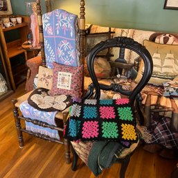 Pair Of Vintage Chairs And Assorted Throws, Including Longaberger Woven Blankets (LR)