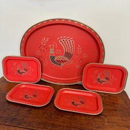 Set Of Five Red Painted Metal Trays (HW)