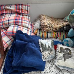 Assorted Vintage Pillows & Blankets Including Animal Pillows, Crochet, Plaid, & More (Porch)