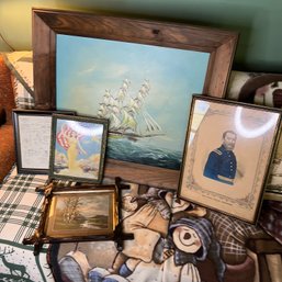 Framed Art: Nautical Painting, Vintage Prints And Antique Receipt (LR)